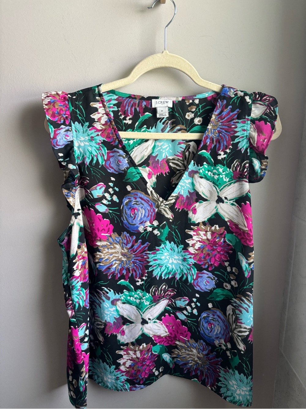 J. Crew Black Floral V-Neck Flutter Sleeve Top